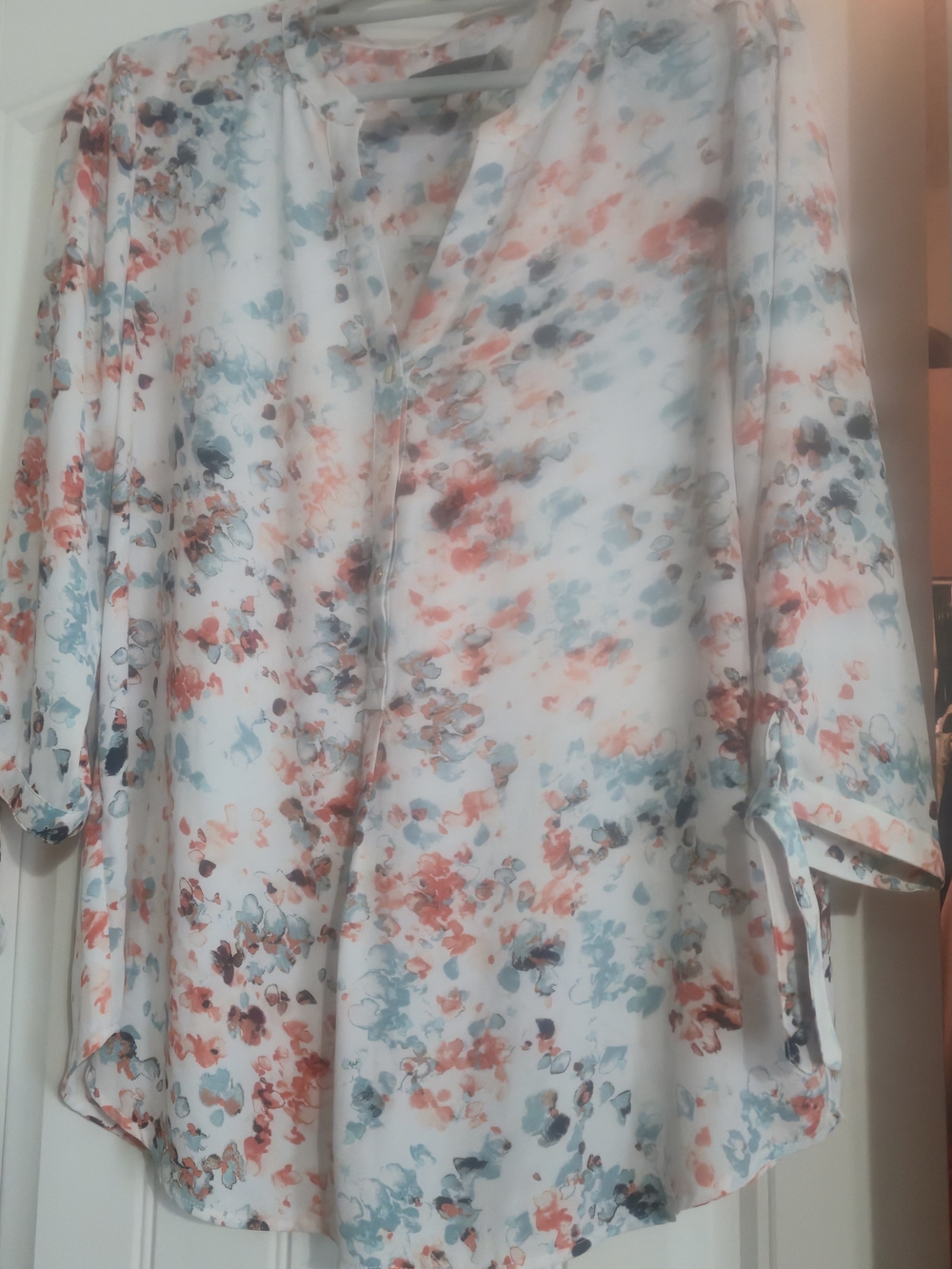 Ivanka Trump White Blouse with Coral & Teal Watercolor Print